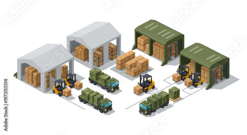 Isometric vector illustration showcasing a military logistics base complex with soldiers operating forklifts to transport goods between various military warehouses and vehicles, set