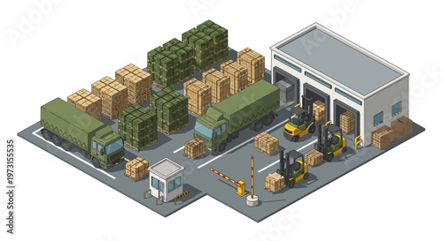 Isometric vector illustration depicting a military logistics base complex with soldiers overseeing the operation of military vehicles and warehouses, the design showcasing iconographic