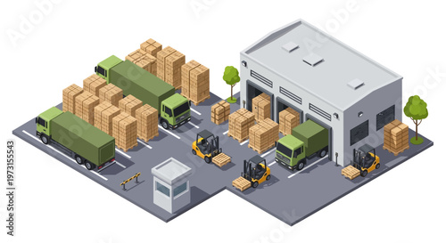 Isometric vector illustration depicting a military logistics base complex, featuring soldiers operating forklifts, loading cargo boxes into trucks near a warehouse, set against a clean