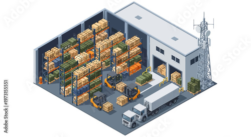 Isometric vector illustration depicting a military logistics base complex, showcasing soldiers operating forklifts to load cargo into a truck inside a military warehouse