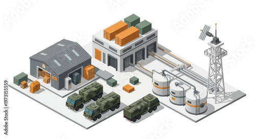 Isometric vector illustration features a military logistics operation, showcasing army warehouses, vehicles, and people in a complex design, set against a clean background, rendered