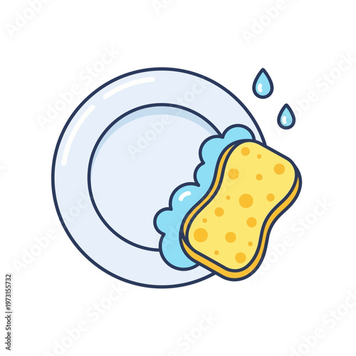 Cartoon Plate Washing with Yellow Sponge and Blue Soap Bubbles
