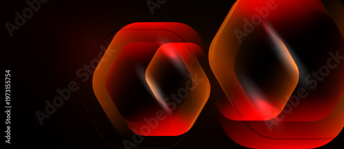 Red hexagons overlap, creating glowing effect. Dark background emphasizes vibrant shapes, suggesting energy or technology.