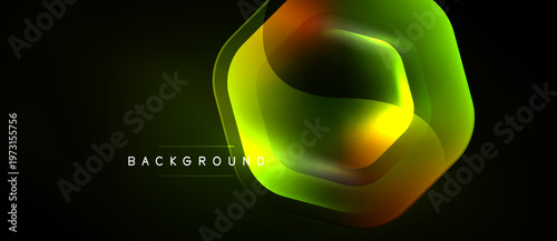 Abstract neon layers create vibrant geometric shape. Dark background emphasizes glowing colors, modern design element.
