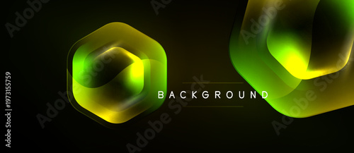 Abstract neon shapes over dark background. Green, yellow hues create dynamic visual effect. Modern design element for digital projects.