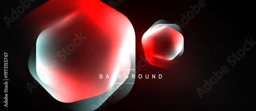 Abstract shapes, vibrant red hues, glowing effects. Dark background enhances luminosity, creating modern visual impact.