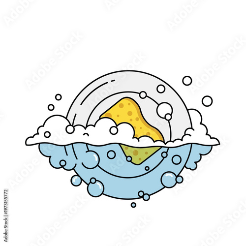 Cartoon Dishwashing: Plate, Sponge, Bubbles and Suds in Water
