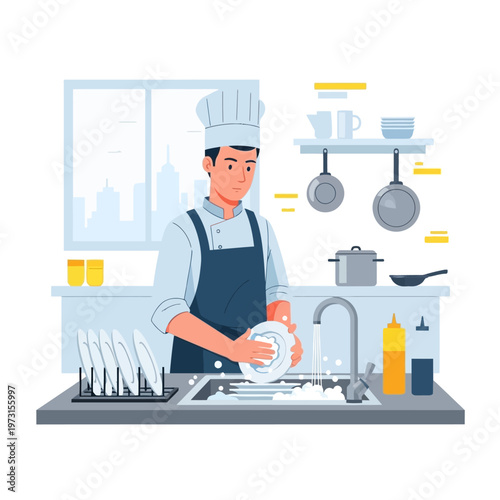 Chef washing dishes in a modern kitchen, professional cleaning and hygiene concept