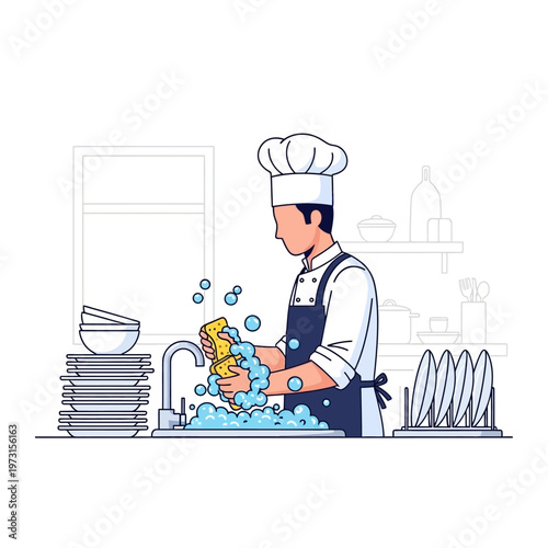 Chef Washing Dishes in Kitchen Sink with Bubbles and Stacked Plates