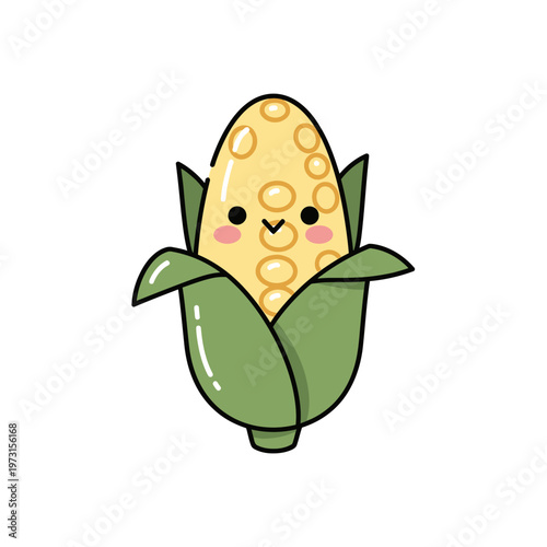 Cute Kawaii Corn Character with Smiling Face, Healthy Food Illustration