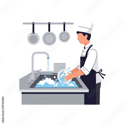 Chef washing dishes in kitchen sink with running water and soap bubbles, restaurant cleaning