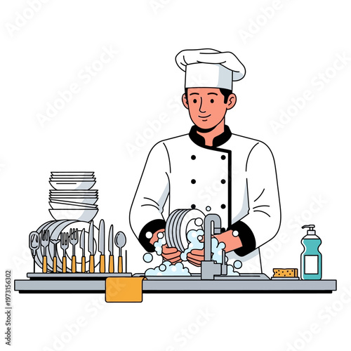 Chef washing dishes in kitchen sink with soap and bubbles, clean tableware stack