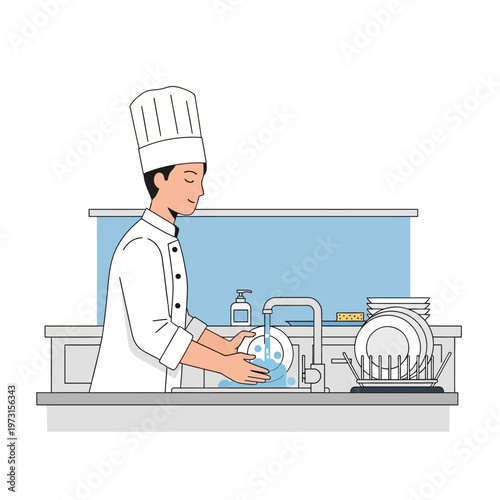 Chef Washing Dishes in Kitchen Sink with Soap Dispenser and Drying Rack