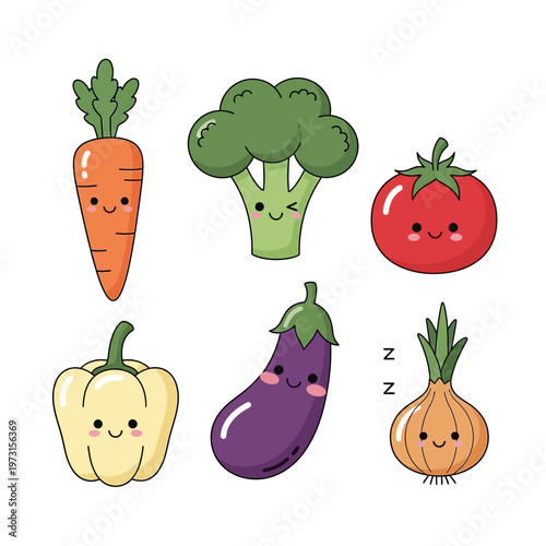 Cute Kawaii Vegetables Set: Carrot, Broccoli, Tomato, Bell Pepper, Eggplant, Onion