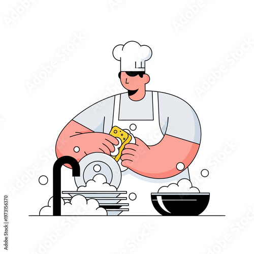 Chef Washing Dishes in Kitchen Sink, Culinary Hygiene, Restaurant Cleaning