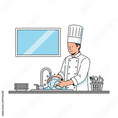 Chef Washing Dishes in Kitchen Sink, Restaurant Hygiene and Cleanliness Concept
