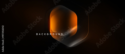 Dark backdrop features glowing hexagon. Orange light radiates from center, creating modern aesthetic. Text reads background.