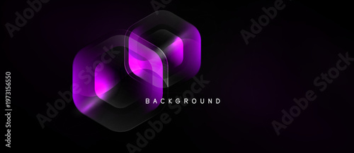 Dark background features layered, glowing purple hexagons. Minimalist design with text background below central shape. Modern, abstract composition.