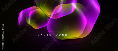Abstract vibrant shapes overlap, creating dynamic neon glow effect. Dark background emphasizes colorful layers, modern design element.