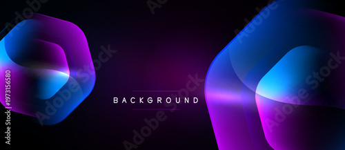 Abstract design features vibrant blue, purple gradients. Geometric shapes overlap creating dynamic visual effect. Dark background enhances luminosity.
