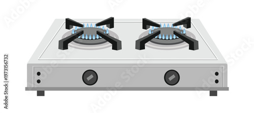 Two Burner Gas Stove with Lit Flames. Household Two Burner Gas Cooker. Kitchen Gas Stove with Two Burners