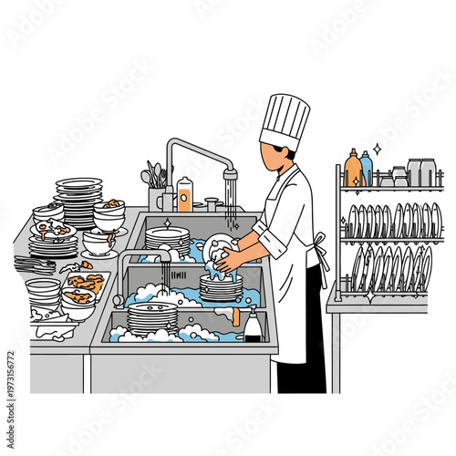 Chef washing dishes in restaurant kitchen sink, clean plates stacked neatly