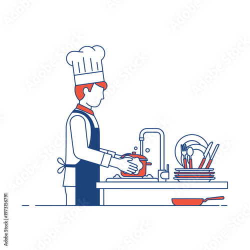 Chef washing dishes, kitchen hygiene, cooking preparation, clean tableware, professional culinary work
