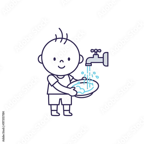 Cute Child Washing Hands in Bowl with Running Tap Water