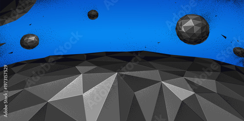 Abstract planet terrain with satellites flying around vector illustration, sci-fi space art, unknown distant planet panorama wallpaper, low poly design.