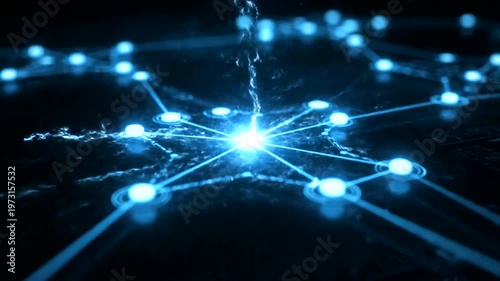 Abstract network connection with glowing blue dots and lines representing data flow and digital communication.