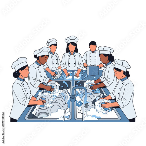 Diverse Chefs Washing Dishes Together in Restaurant Kitchen