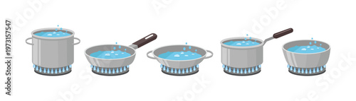 Set of Cooking Pots and Pans with Boiling Water on Gas Burners. Boiling Pots and Pans Set. Boiling Water in Kitchen Cookware