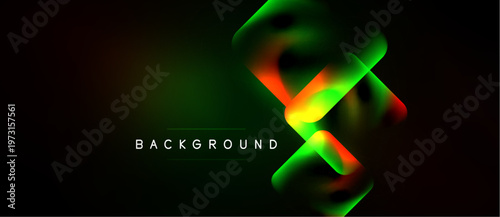 Abstract design features vibrant green, orange, yellow layers over dark background. Text reads BACKGROUND. Modern, dynamic visual.