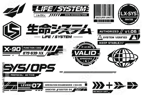  Futuristic Streetwear Graphics Set Brutalist Utility Emblems Industrial Labels Glitch Typography Vector Collection for Apparel Branding and Urban Design