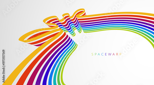 Rainbow colored lines in 3D perspective vector abstract background, curve stripes tapes happy positive emotion wallpaper, joyful warped ribbon.