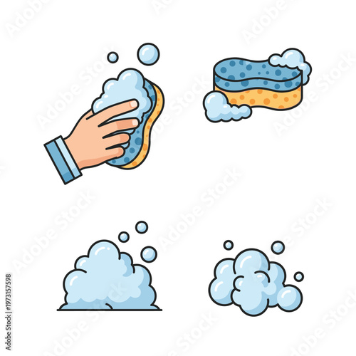 Hand Washing Sponge with Bubbles and Foam, Cleaning Concept Icons