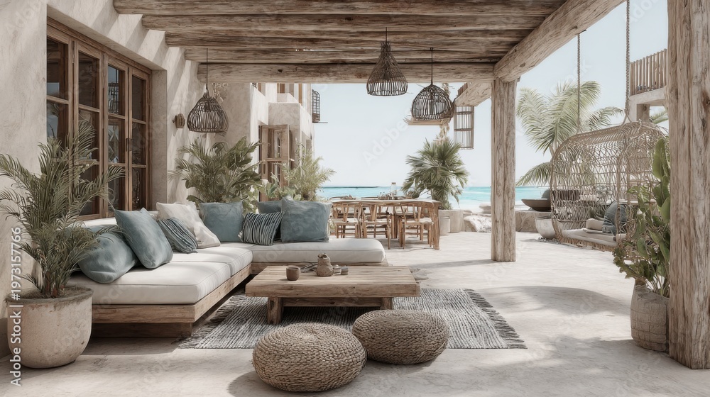 Obraz premium Serene Mediterranean style patio with ocean view, plush seating, and natural wood elements