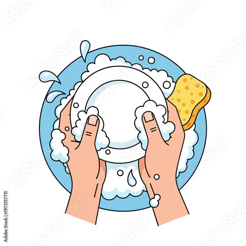 Hands washing a plate with bubbly soap and sponge in a sink, cleaning concept
