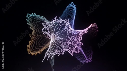 Abstract particle animation with colorful lines and shapes on a dark background representing data flow and digital art.