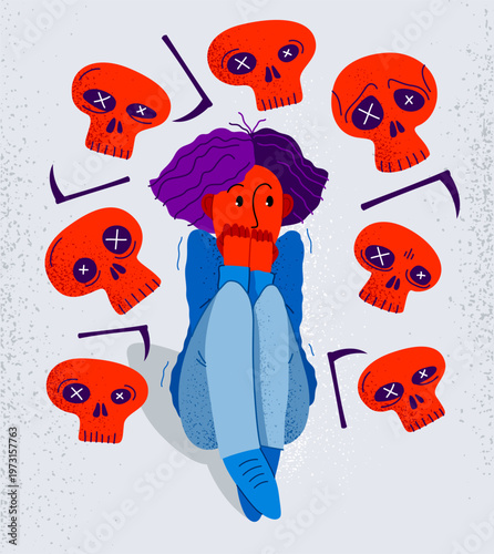 Thanatophobia fear of death vector illustration, girl surrounded with imaginary dead skulls in fear and panic attack, psychology and psychiatry.