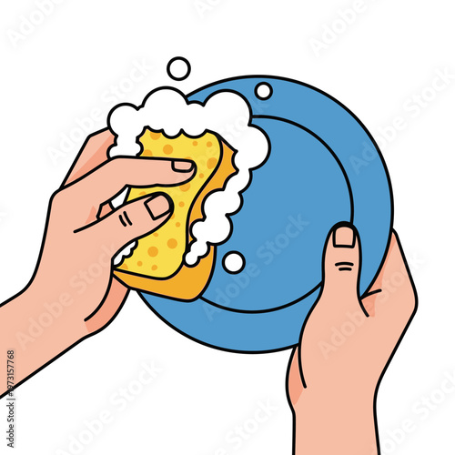 Hands washing blue plate with yellow sponge and soap bubbles, cleaning, hygiene, domestic chores