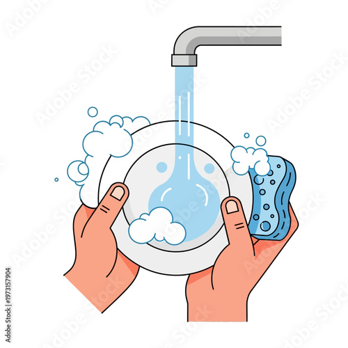 Hands washing plate under running water with sponge and soap bubbles, illustration