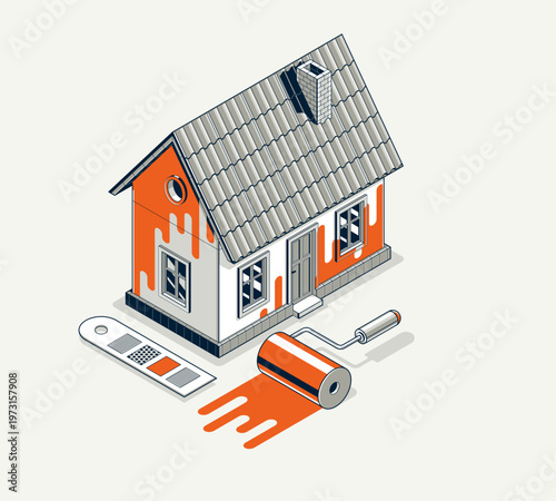 Painting house exterior walls vector 3D isometric illustration, diy facade paint renovation, residential small family house or cottage, outside painting building.