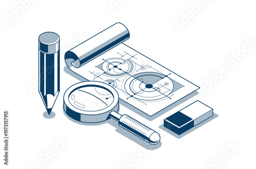 Engineering project concept, paper document blueprint engineer work vector 3D isometric illustration, abstract draft drawing, cad technical plan.