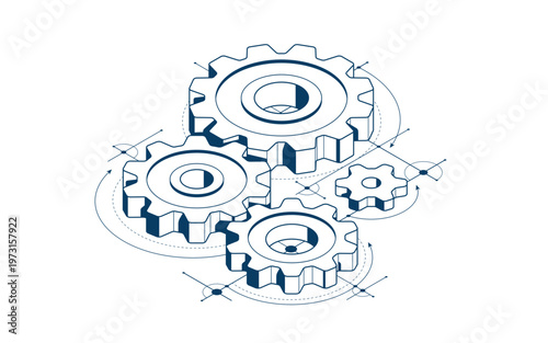 Mechanical engineering concept, gears and cogs with project drawing draft isometric 3D vector illustration, cogwheels system technology and technics machinery engine.