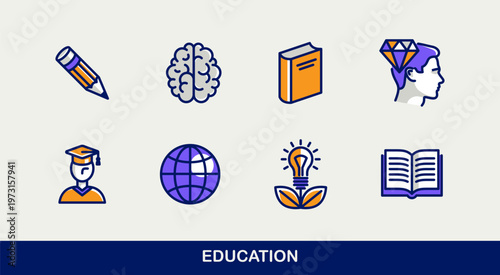 Education vector icons set, university and high school study science, physics and chemistry learning.