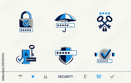Password access, shield and padlock with key, umbrella and pin safety vector detailed icons set, security and protection.
