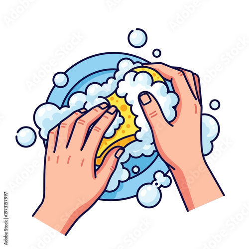 Hands Washing Plate with Sponge and Suds, Cleaning Dishware