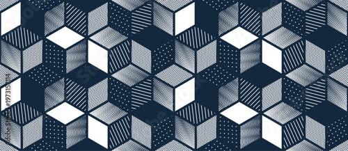 Cubes seamless pattern, vector 3D isometric blocks with textures tiling wallpaper, optical trippy endless abstract background.