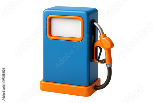 Stylized 3d rendering of a gas pump with orange and blue details on transparent background